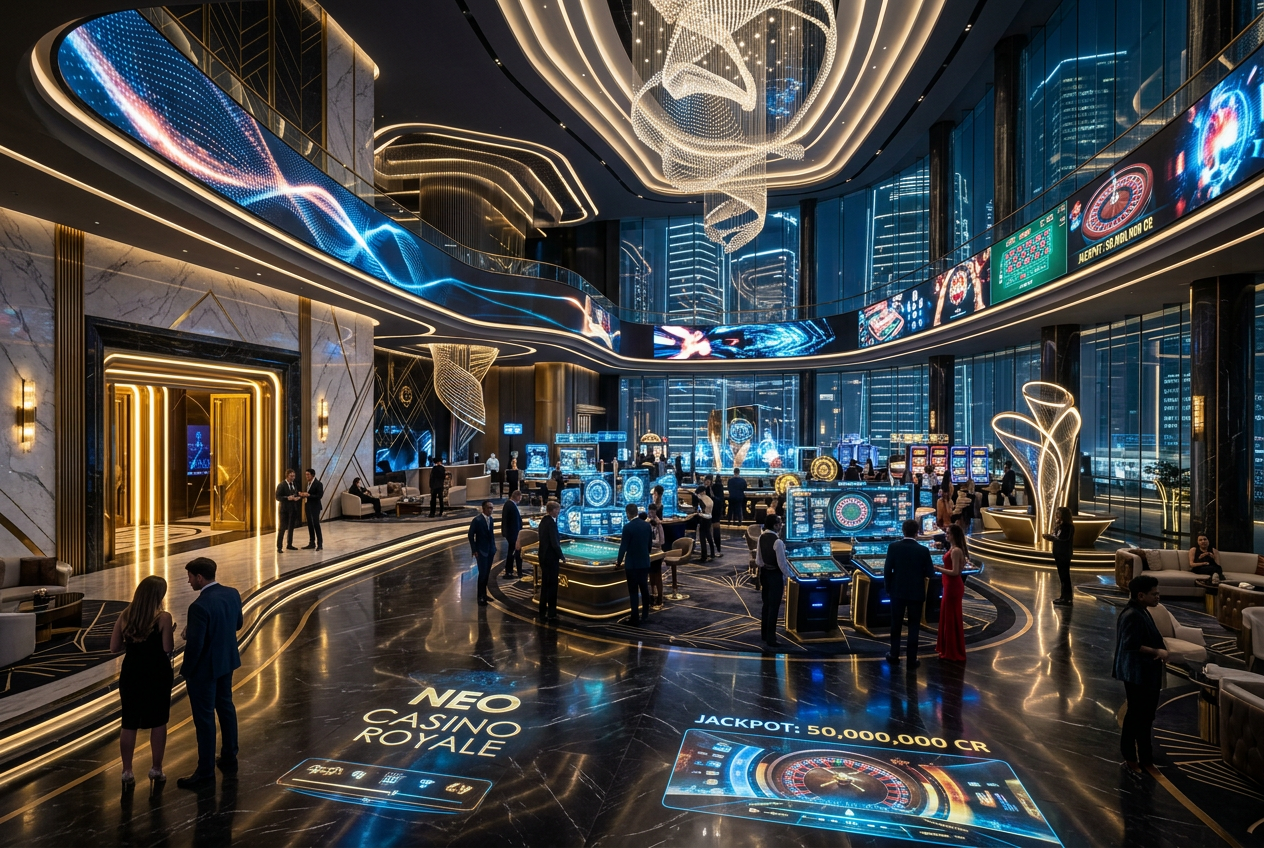 Luxusní digitální lobby casina s hologramy a futuristickým designem