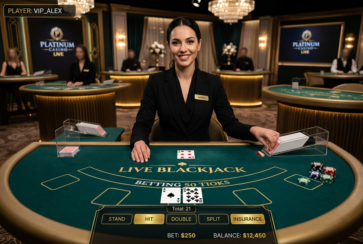 Hráč u virtuálního stolu s blackjackem v profesionálním live casinu