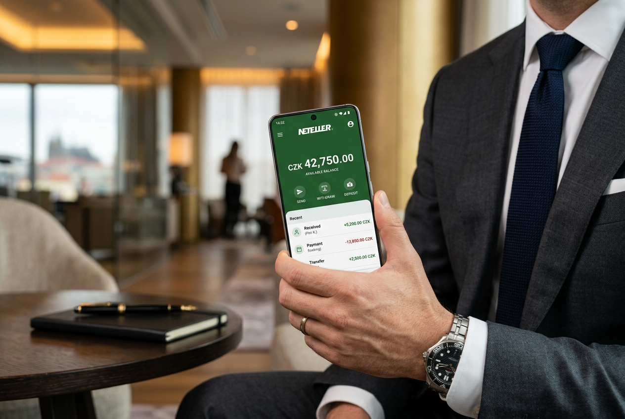 Moderní smartphone s rozhraním aplikace Neteller zobrazující zůstatek v českých korunách na minimalistickém pozadí