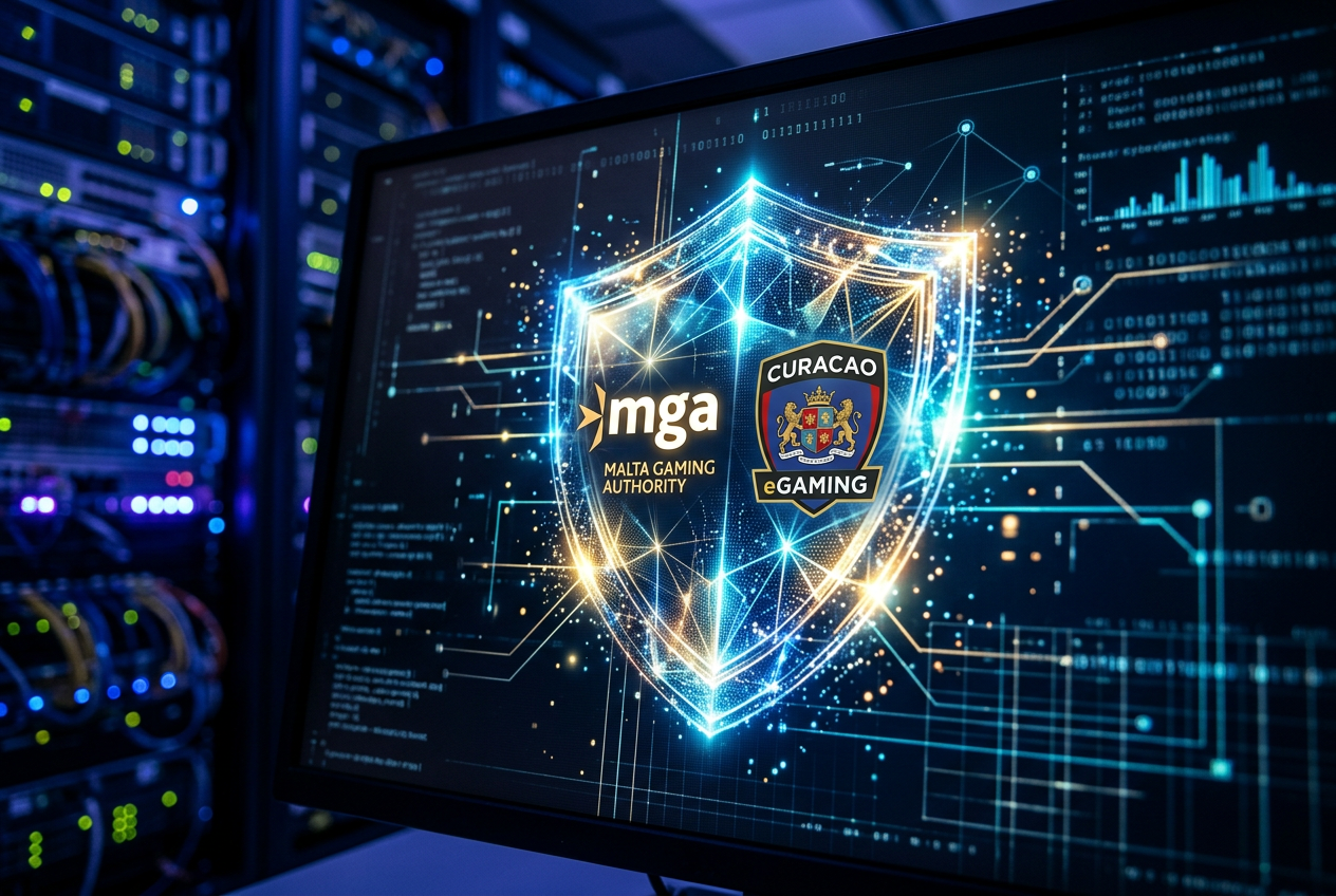 Detailní záběr na certifikát bezpečnosti a logo licence na digitálním pozadí