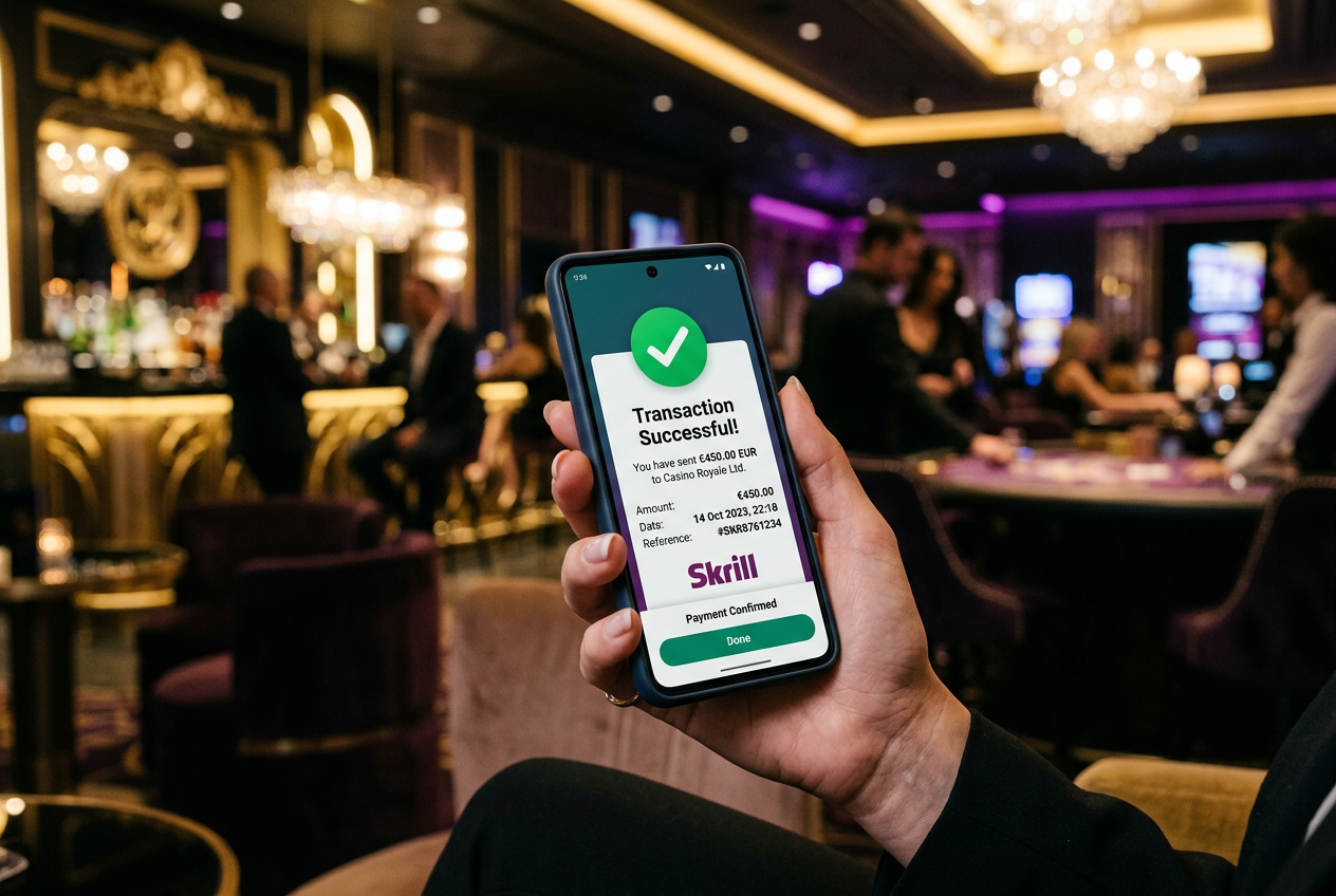 Mobilní telefon zobrazující rychlou potvrzenou transakci v aplikaci Skrill v prostředí luxusního casina